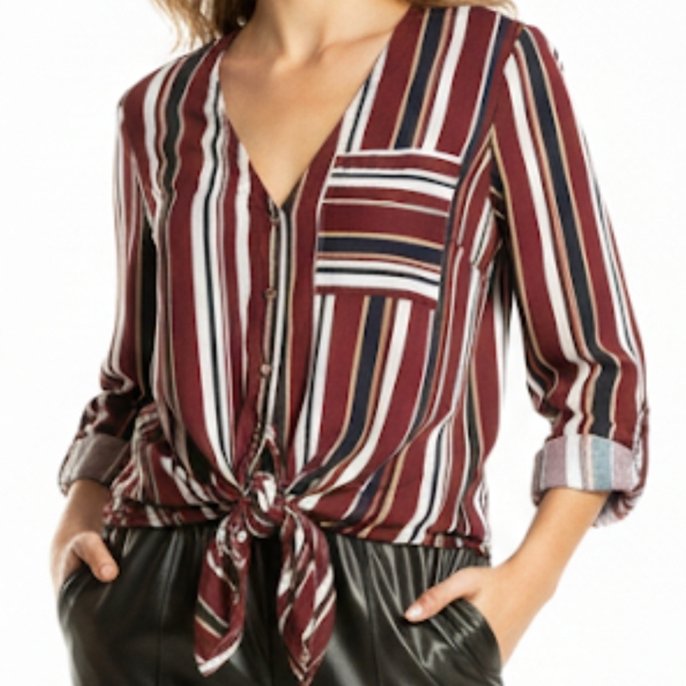 Vine & Love Striped V-Neck Tie-Front Blouse 💥SALE